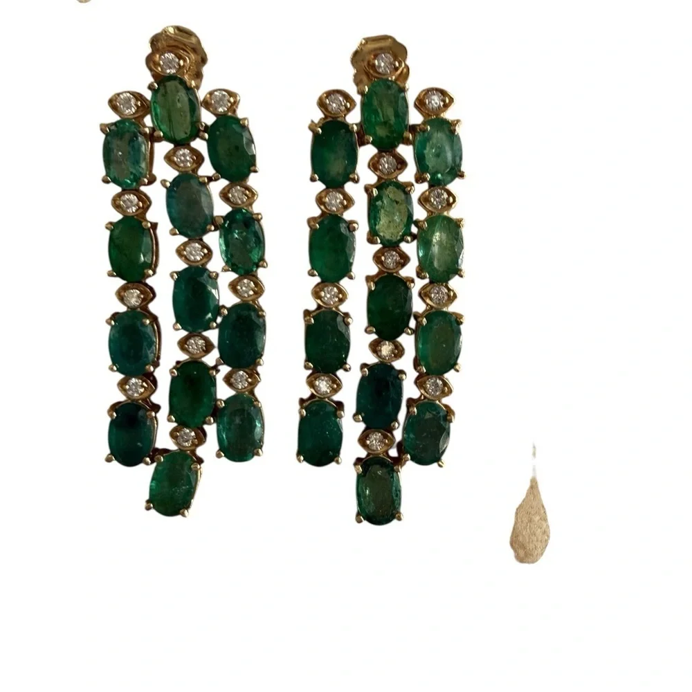 Vintage Emerald Diamond Gold Cascading Post Earrings
